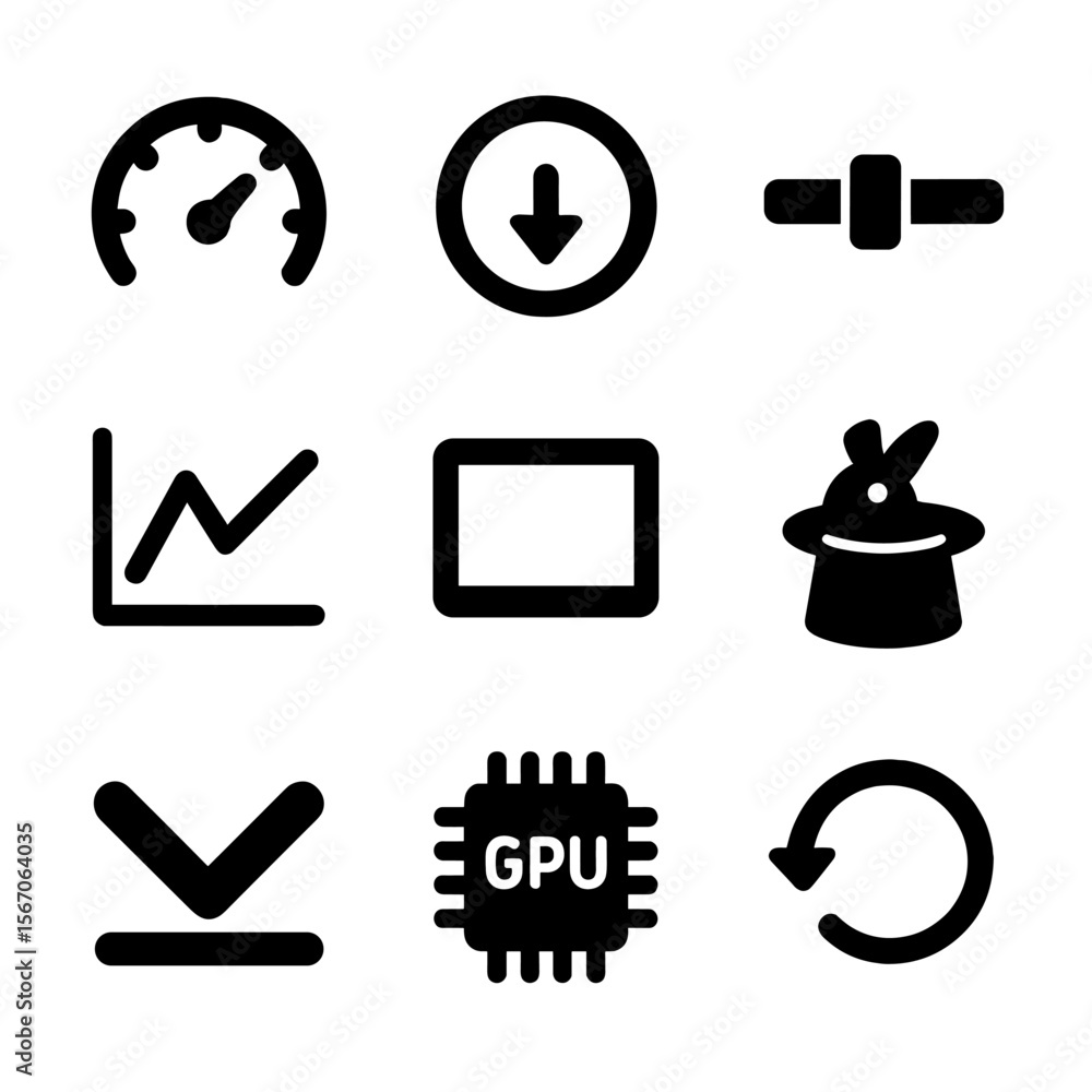 Poster animation tips icons. solid, filled icon set of animation performance tips: speedometer, lazy load i