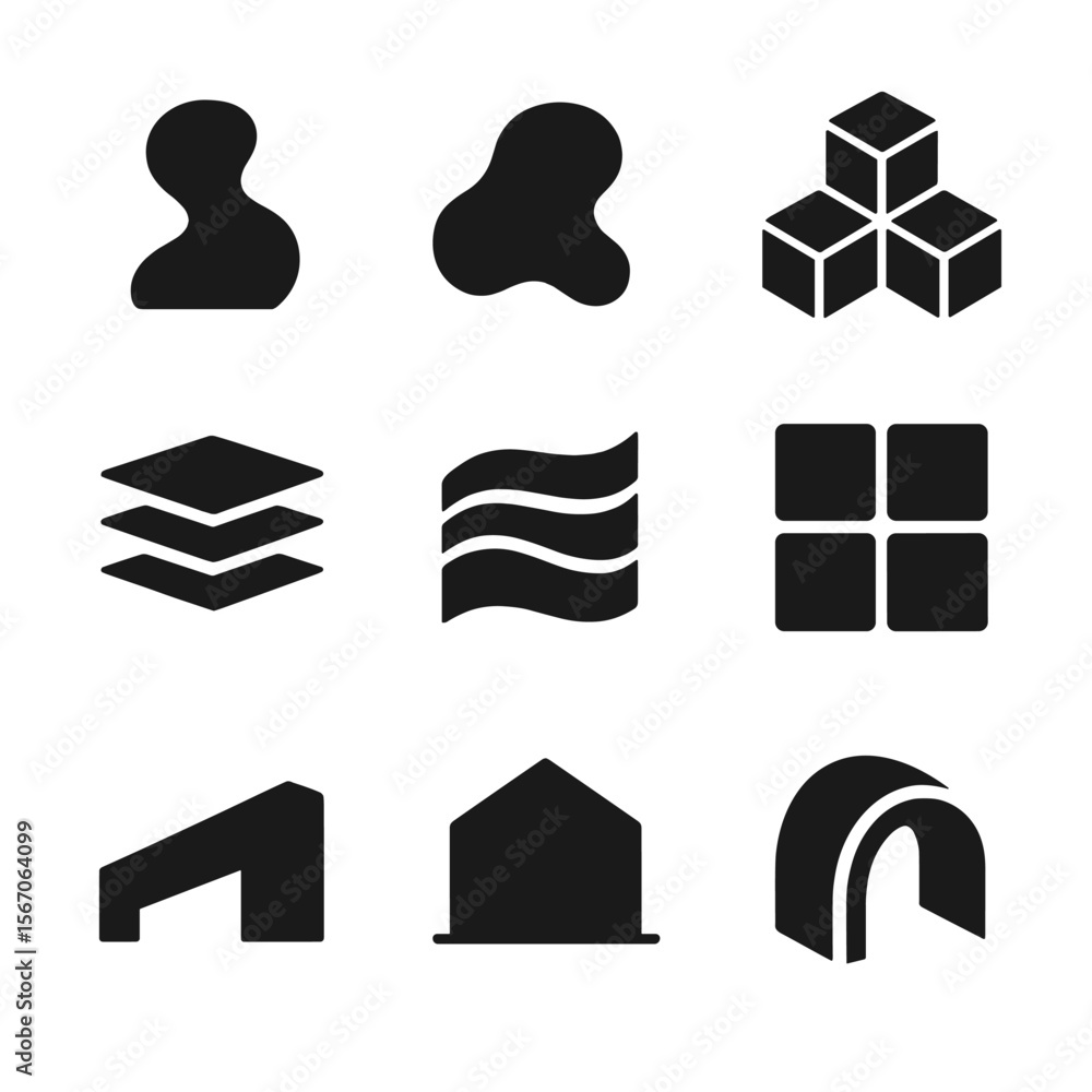 Poster architectural icon grid. solid, filled icon set of conceptual architectural models: abstract form, o