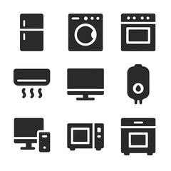 Appliance Icon Grid. Solid, filled icon set of appliance usage breakdown: refrigerator, washing machine, oven, air conditioner,