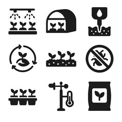 Agricultural Adaptation Icons. Solid, filled icon set of agricultural adaptations: irrigation system, greenhouse, soil moisture