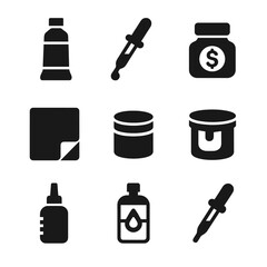 Obraz premium Art Supplies Icons. Solid, filled icon set of complementary materials: pigment tube, ink dropper, gold ink jar, silver leaf sheet,