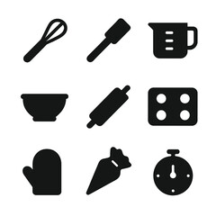 Fototapeta premium Baking Tools Icons. Solid, filled icon set of baking tools and utensils: whisk, spatula, measuring cup, mixing bowl, rolling pin,