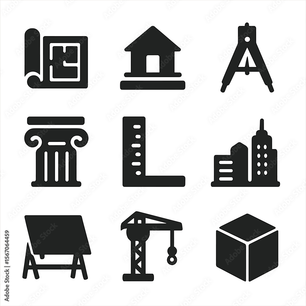 Poster architecture icons grid. solid, filled icon set of architecture and design expo: blueprint, building