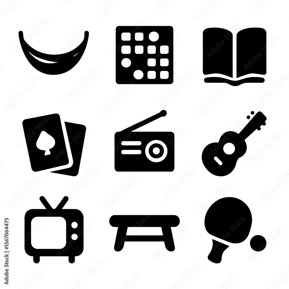 Poster army rest icons. solid, filled icon set of army barracks rest and recreation: hammock, board game, b