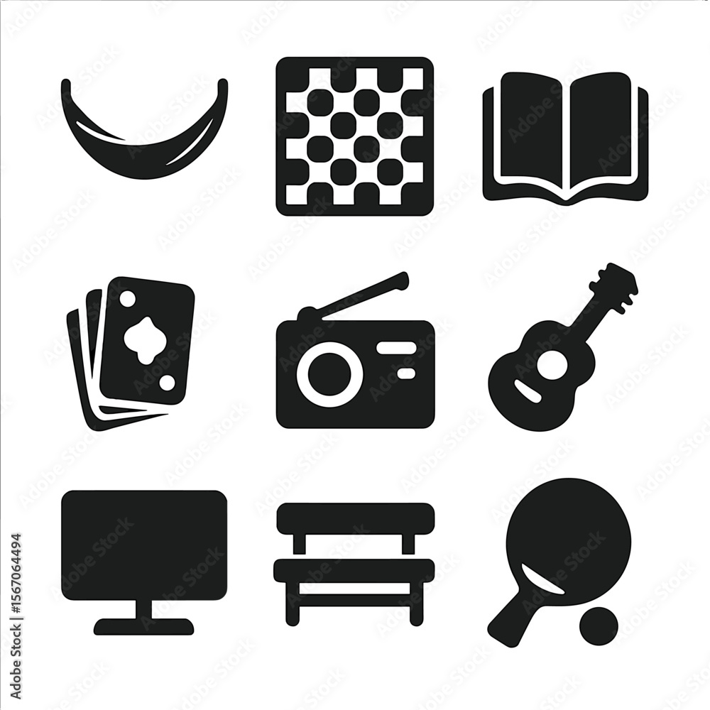 Poster army rest icons. solid, filled icon set of army barracks rest and recreation: hammock, board game, b