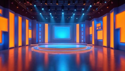 Empty modern quiz show stage with vibrant blue and orange lighting. TV show studio interior design with digital display. Perfect for game show, competition, entertainment, broadcast, television.