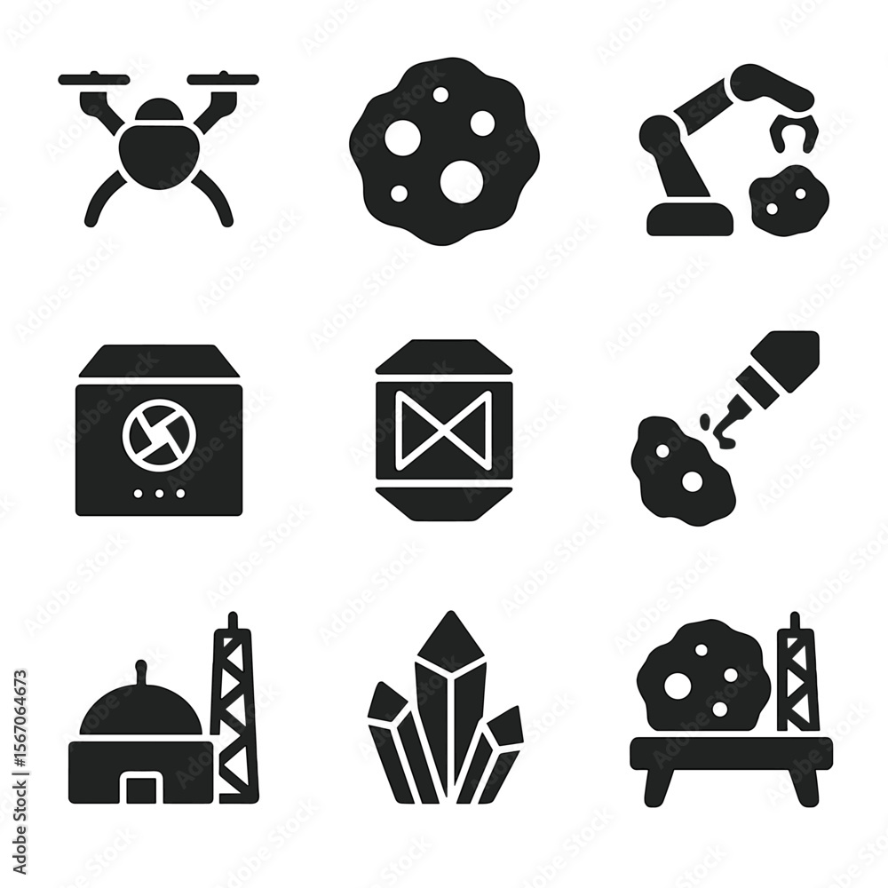 Poster asteroid mining icons. solid, filled icon set of asteroid mining: mining drone, ore sample, robotic 