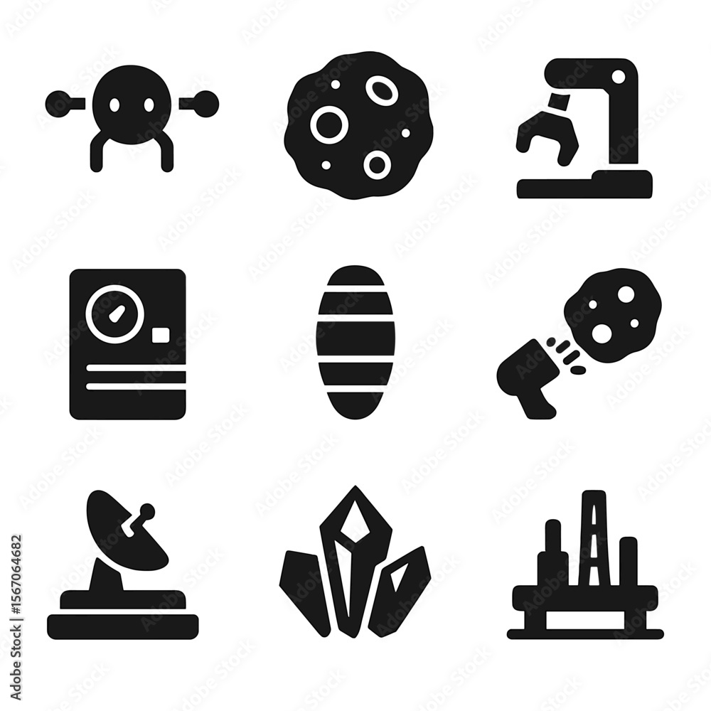 Poster asteroid mining icons. solid, filled icon set of asteroid mining: mining drone, ore sample, robotic 