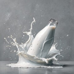 On a reflective surface, a pool of milk is disrupted by a glass bottle of milk, resulting in dynamic liquid motion and the formation of white droplets