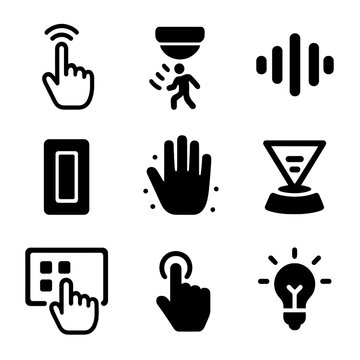 Bioluminescent Art Icons. Solid, filled icon set of interactive bioluminescent art: touch sensor, motion detector, sound wave,