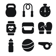 Black Fitness Icons. Solid, filled icon set of fitness training: kettlebell, jump rope, stopwatch, heart rate monitor, resistance
