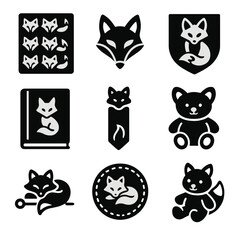 Fototapeta premium Black Fox Icon Set. Solid, filled icon set of fox in cultural design: fox print fabric, fox logo, fox icon badge, book