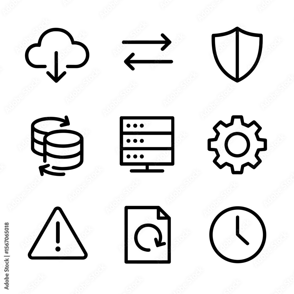 Poster backup icon set. solid, filled icon set of backup and recovery process: cloud download, data transfe