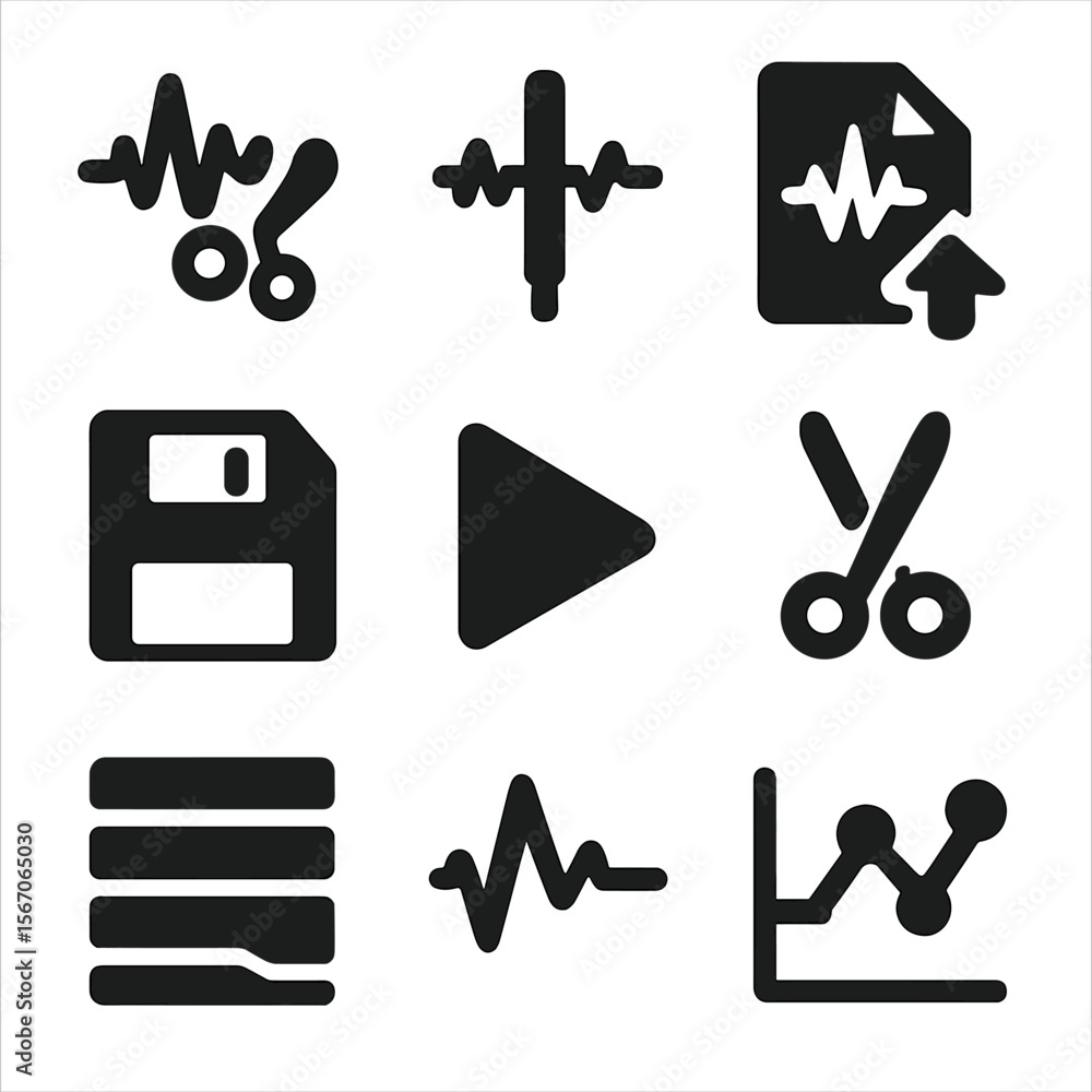 Poster audio editing icons. solid, filled icon set of voice recording and editing: waveform cut tool, timel