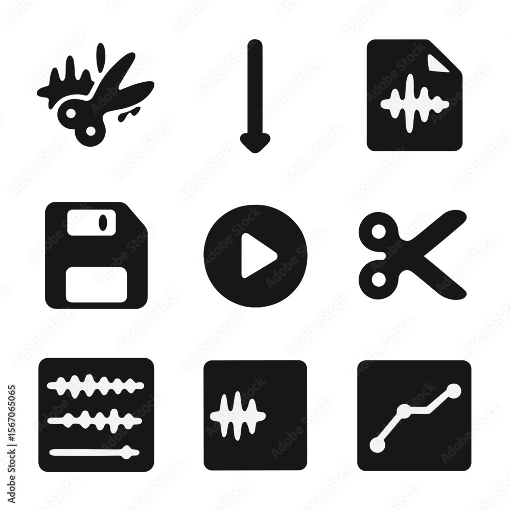 Poster audio editing icons. solid, filled icon set of voice recording and editing: waveform cut tool, timel