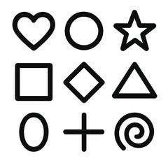 Fototapeta premium Black Hollow Icons Grid. Solid, filled icon set of hollow figures: empty heart, hollow circle, unfilled star, open square, hollow