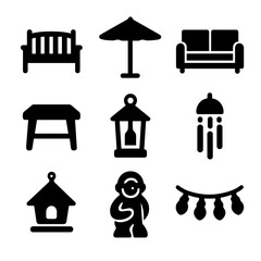 Obraz premium Backyard Furniture Icons. Solid, filled icon set of backyard furniture and decor: garden bench, patio umbrella, outdoor sofa, side