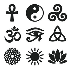 Ancient Symbols Grid. Solid, filled icons set of ancient cultural symbols: ankh, yin yang, triskelion, om, eye