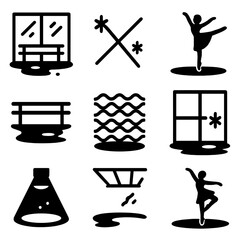 Fototapeta premium Ballet Reflection Icons. Solid, filled icon set of ballet floor reflections: mirror wall, light reflection, dancer silhouette,