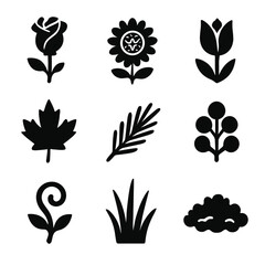 Fototapeta premium Botanical Icon Set. Solid, filled icon set of botanical elements: rose, sunflower, tulip, maple leaf, pine needle, berry cluster,
