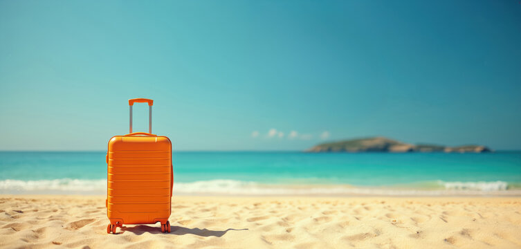 Orange suitcase stands on golden sand beach. Turquoise ocean, blue sky, island background. Travel baggage, vacation concept. Sandy shore, sunny day, tropical getaway.