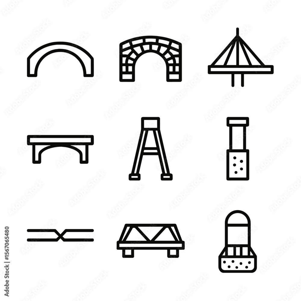 Poster bridge structure icons. outline icon set of bridge structures: arch bridge, keystone arch, support c