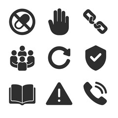 Anti-Drug Awareness Icons. Solid, filled icons set of anti-drug public messaging: crossed pill, red stop hand,