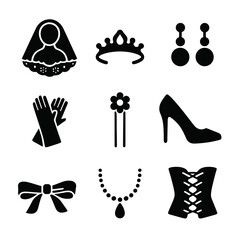 Obraz premium Bridal Fashion Icons. Solid, filled icon set of bridal fashion details: lace veil, tiara, pearl earrings, satin gloves, hairpin,