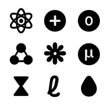 Atomic Particle Icons. Solid, filled icon set of atomic particles: electron, proton, neutron, quark, gluon, muon, boson, lepton,