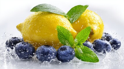 On a white background, an assortment of fresh lemon slice, blueberries, mint leaves, and water splashes is artfully displayed