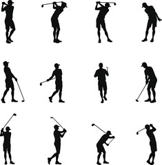 Golf player silhouettes diverse poses action shots