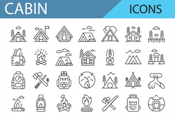 Illustrations of Outdoor Cabin, Trees, and Camping Icons for Nature Designs