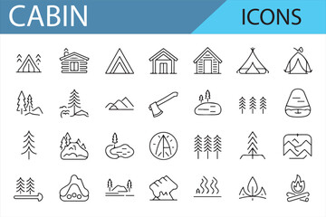 Collection of Camping and Cabin Icons for Travel, Hiking, and Wilderness Activities