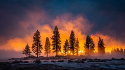 The mountain landscape is serene with a scenic sunrise unfolding over a misty meadow filled with wildflowers and tall pine trees