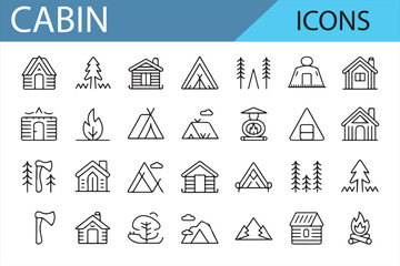 Vector Line Art Icons of Cabins, Forests, and Camping Equipment for Nature Adventures