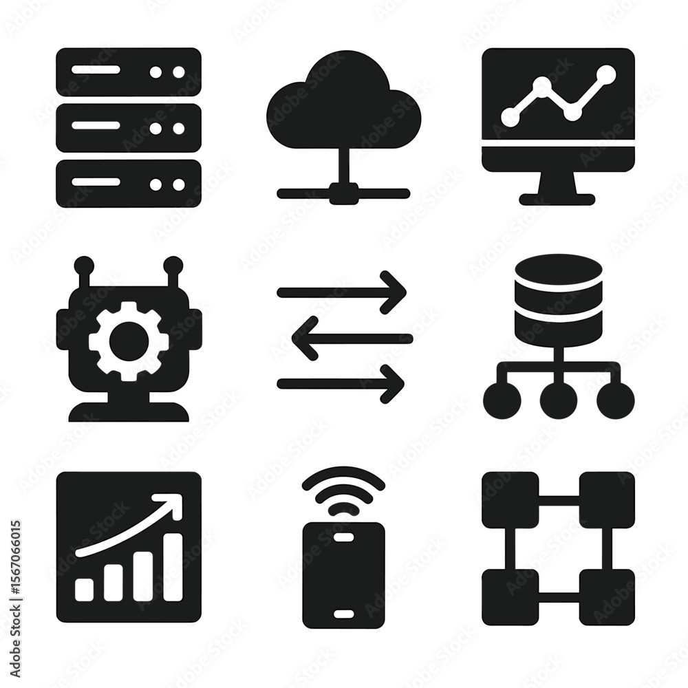 Poster big data icons. solid, filled icon set of big data elements: data servers, cloud storage, data analy