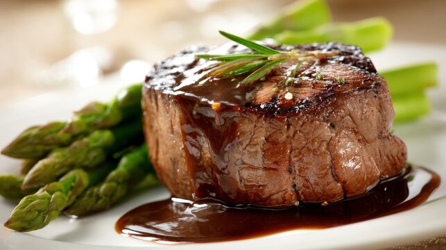 A white plate in an elegant dining setting holds a gourmet filet mignon steak, paired with asparagus, red wine sauce, and herb butter