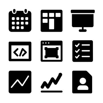Black Productivity Icons. Solid, filled icon set of productivity software interfaces: calendar app, project management board,