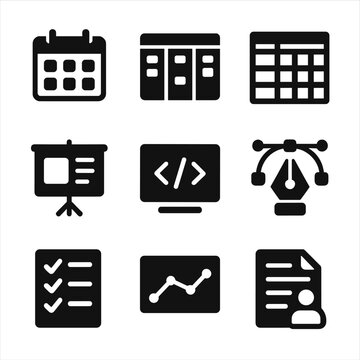 Black Productivity Icons. Solid, filled icon set of productivity software interfaces: calendar app, project management board,
