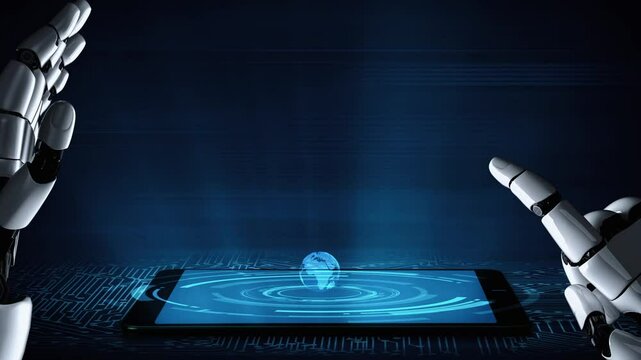 Futuristic robot artificial intelligence enlightening AI technology development and machine learning concept. Global robotic blockchain science research for future of human life. 3D rendering graphic.