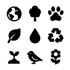 Fototapeta premium Biodiversity Icon Grid. Solid, filled icon set of global biodiversity symbols: earth, tree, animal paw, leaf, water droplet,