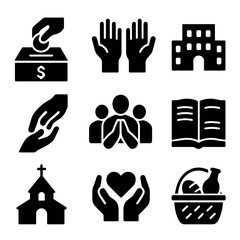 Fototapeta premium Catholic Social Icons. Solid, filled icon set of Catholic social action: charity box, volunteer hands, community building, helping