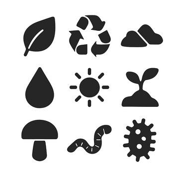 Biodegradation Icon Grid. Solid, filled icon set of biodegradation symbols: leaf, recycle arrows, soil, water droplet, sun,