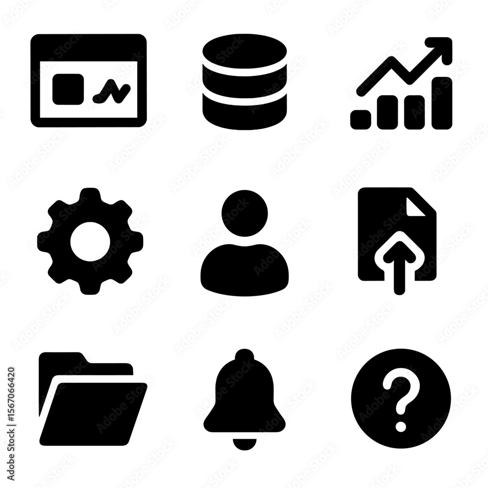 Poster black icon grid. solid, filled icon set of accounting software interface: dashboard screen, database