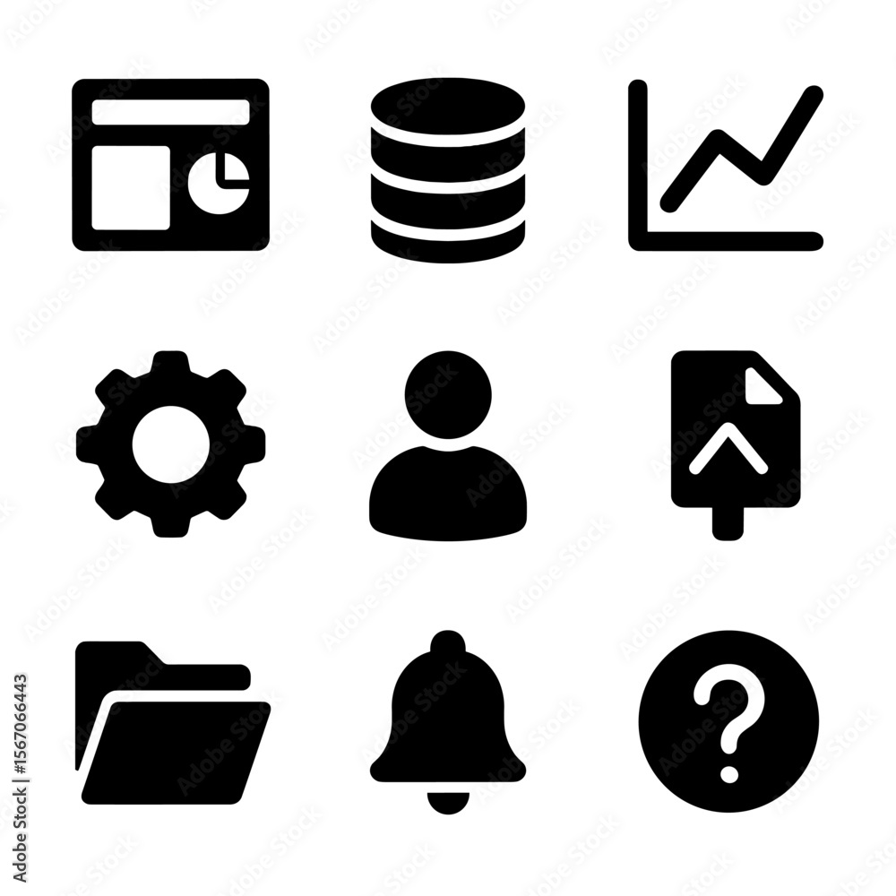 Poster black icon grid. solid, filled icon set of accounting software interface: dashboard screen, database