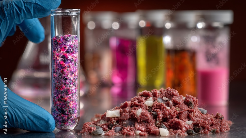 Poster a lab technician holds a petri dish with a sample of cultured meat, with an array of test tubes and 
