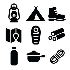 Camping Essentials Icons. Solid, filled icon set of camping essentials: lantern, tent, hiking boot, map, sleeping bag, firewood,