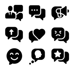 Black Dialogue Icons. Solid, filled icon set of dialogue styles: formal, informal, persuasive, instructional, empathetic,