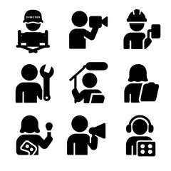 Camera Crew Icons. Solid, filled icon set of camera crew roles: director, camera operator, gaffer, grip, boom operator, script