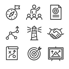 Leadership Icon Grid. Outline icon set of leadership and vision alignment: compass with flag, leader silhouette addressing team,